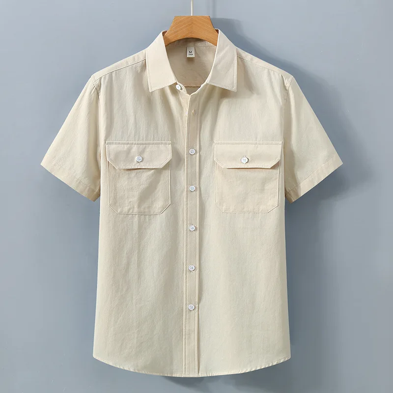 

Men's Cotton Short Sleeve Casual Shirt Fashion Double Pocket Single Breasted Summer Beach Shirt Lightweight Breathable Blouse