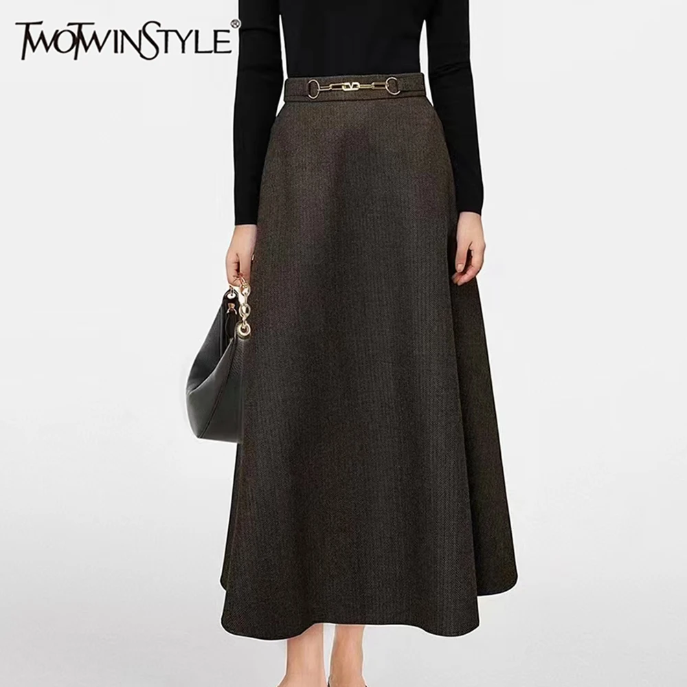 TWOTWINSTYLE Solid Elegant A Line Skirt For Women High Waist Patchwork Chain Loose Temperament Skirts Female Fashion Clothing