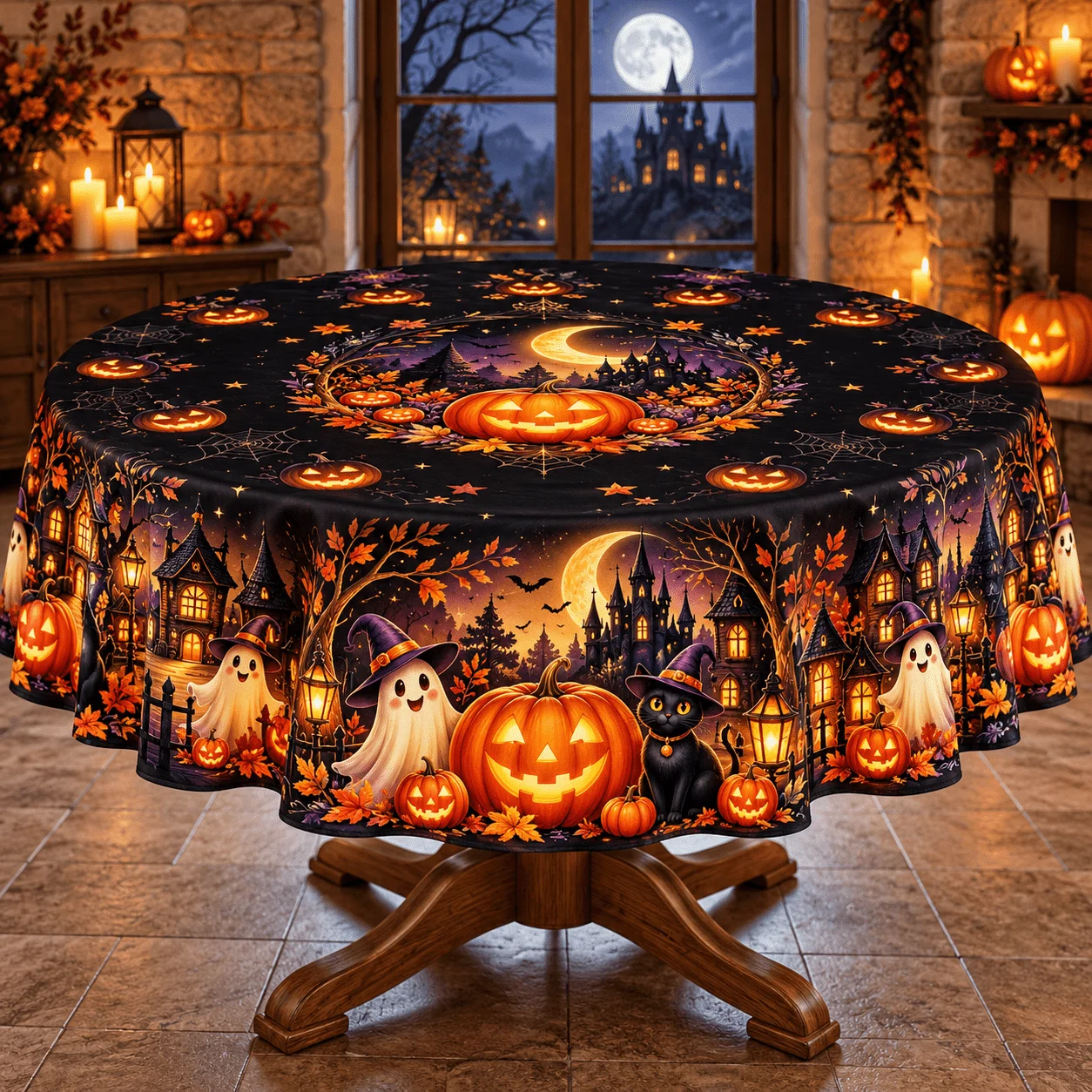 1 round tablecloth for a Halloween atmosphere! Pumpkin lanterns, cute ghosts, black cats and moonlight castle prints