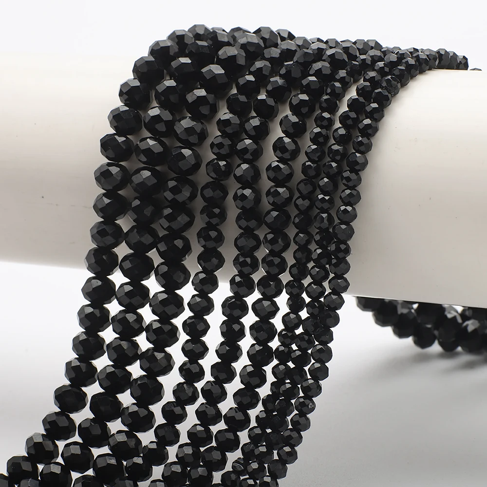 Facettierte schwarze Glaskristall-Rondelle-Perlen, lose Distanzperlen für Schmuckherstellung, DIY-Armband, Halskette, Stränge 4/6/8/10/12/14 mm
