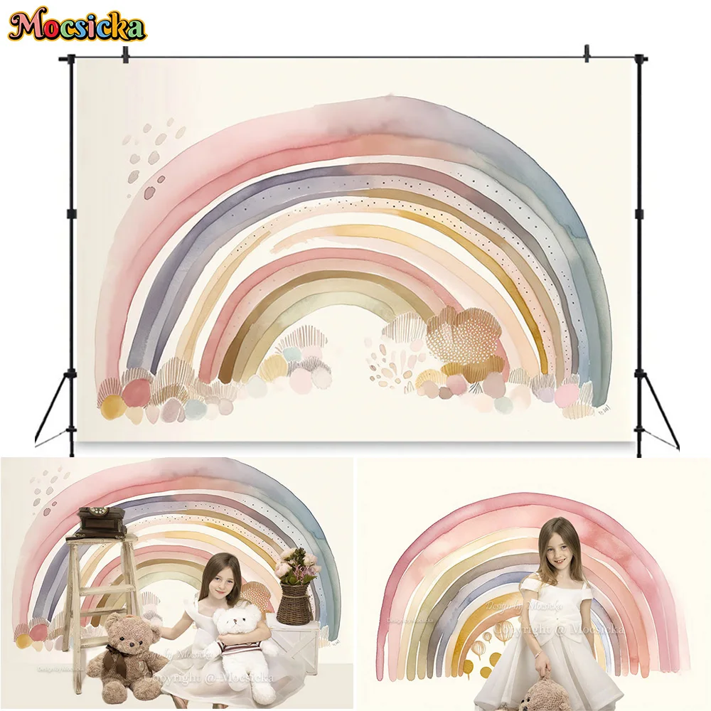 Boho Rainbow Background Decoration Girl Baby Shower 1st Birthday Party Backdrop Beige Cake Dessert Wallpaper Newborn Photozone