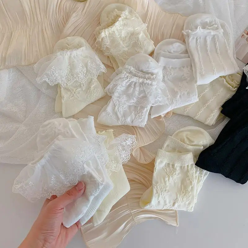 White Socks Women Summer Mid Sleeve JK Uniform Socks Japanese Cute Lolita Fashion High Quality Solid Color Sweet Lace Socks