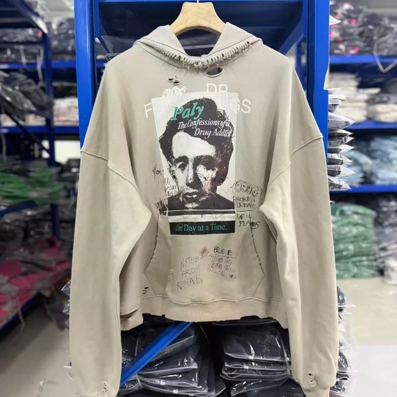 High Quality Vintage Khaki Distressed Hoodie Frayed Edge Retro Figure Print Loose Fall Sweatshirt