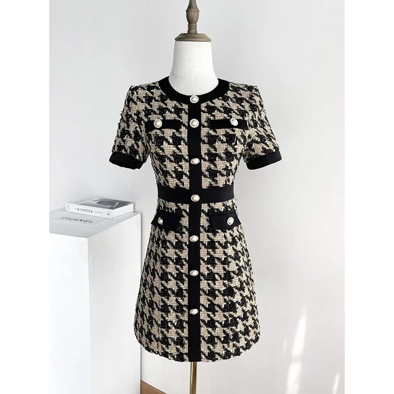 

Women Plover Case Tweed Vintage Dress Korea New Single-breasted Elegant High-Waisted Round Collar Short Sleeve Office Mini Dress