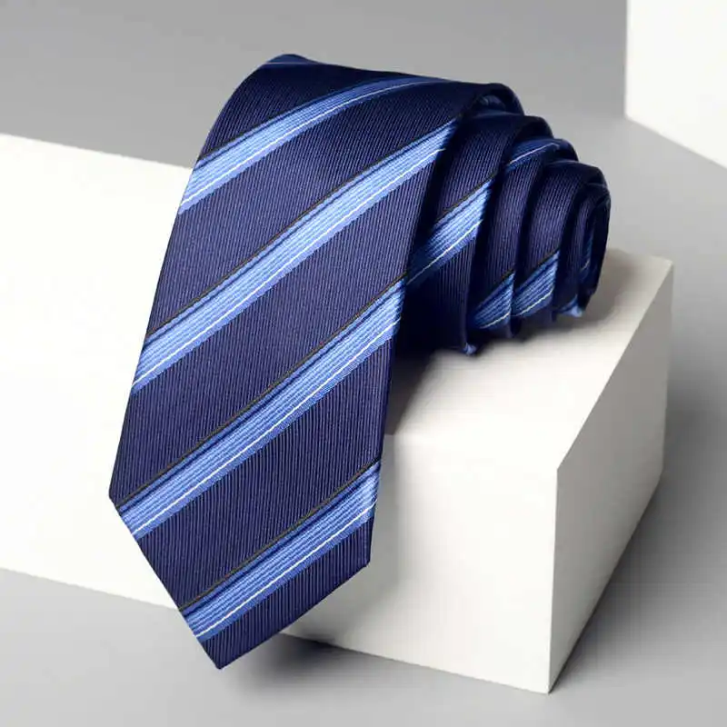 

High Quality Blue Striped Tie For Men's Business Casual Suit Shirt Accessories Standard 7CM Slim Fit Handmade Knot Necktie
