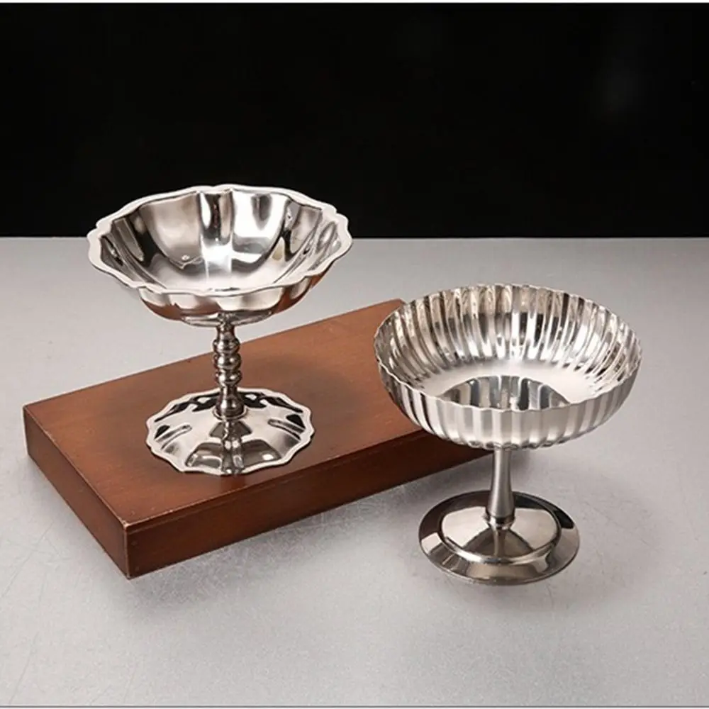 Food Grade Stainless Steel Dessert Bowl Reusable Retro Style High Footed Ice Cream Cup Flat Bottom Striped Design