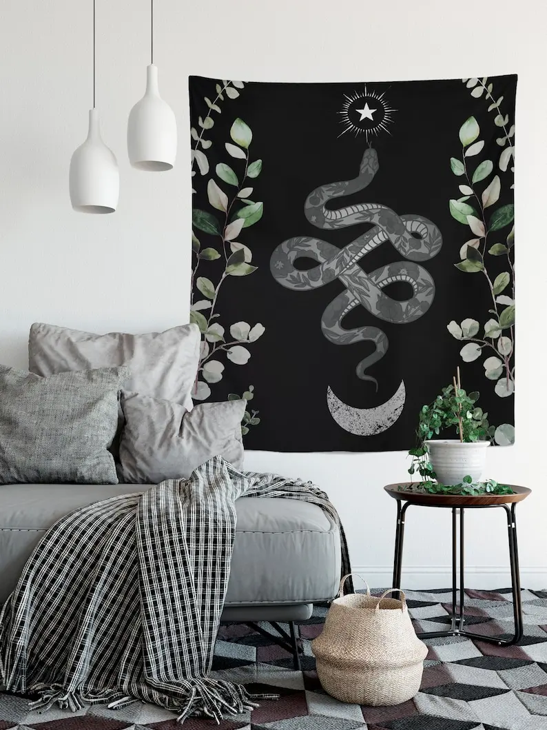 Moon and Snakes Symbol - Black and White - Eucalyptus Leaves - Tapestry Wall Hanging Meditation Yoga Hippie