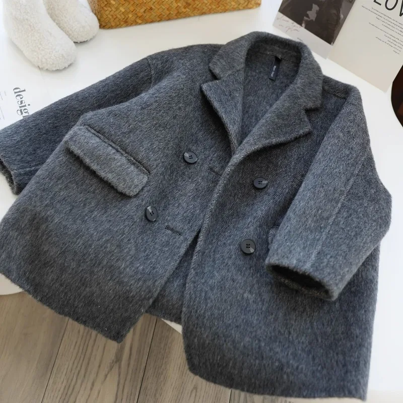 

Детское серое шерстяное пальто, осень-зима 2022, новый стиль, корейское модное детское шерстяное пальто средней длины