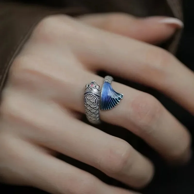 925 Silver Vintage Colored Enamel Fish Shaped Rings for Women Engraved Unique Crafts Chinese Style Adjustable Couple Jewelry