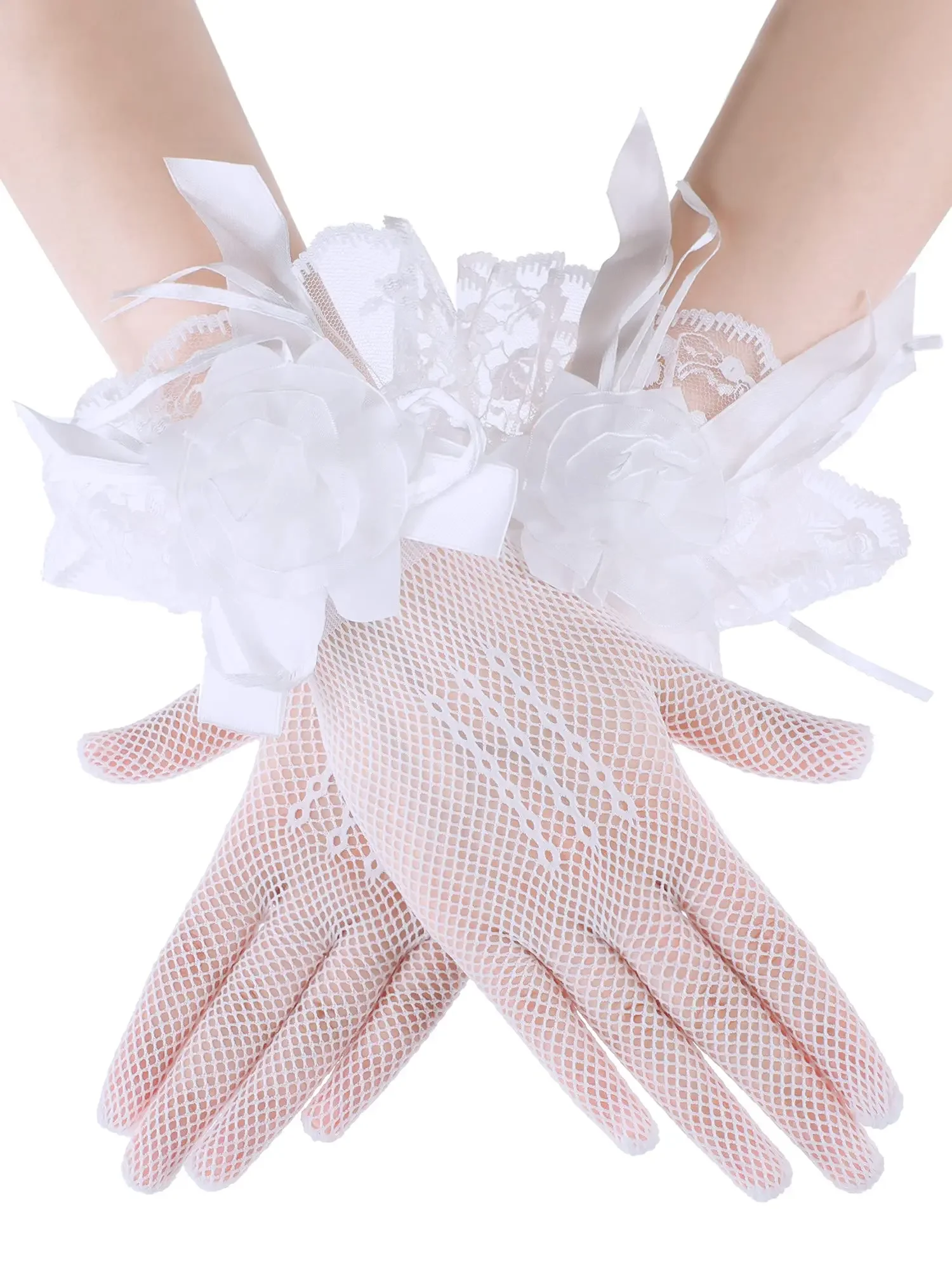 

Ladies Lace Gloves Tea Party Bridal Wedding Sunblock Floral Wrist Short Mesh Opera