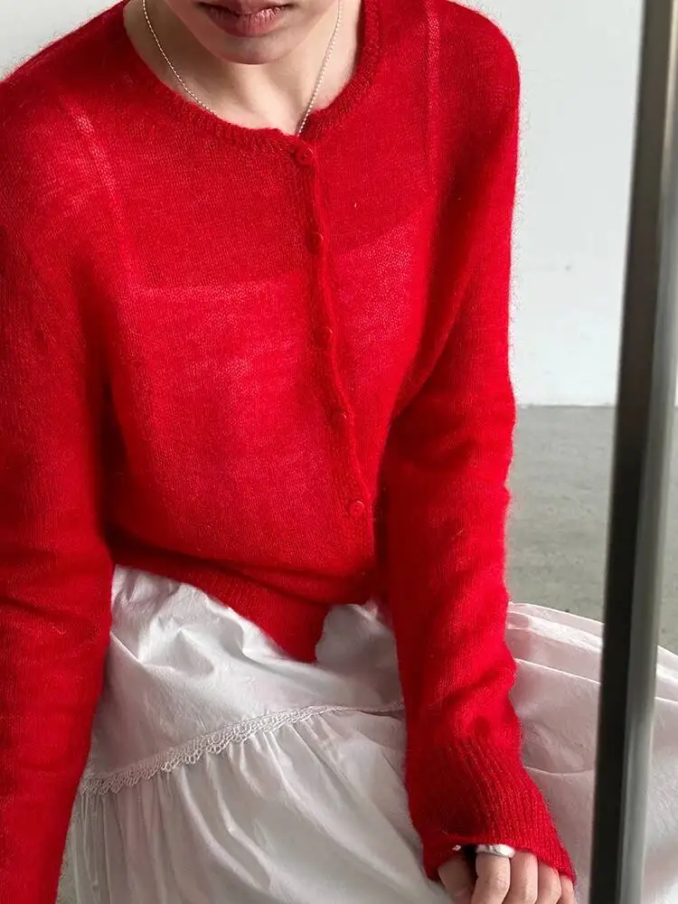 Thin Green Perspective Silm Knitting Cardigan Sweater Round Neck Long Sleeve Women New Fashion Spring Autumn2026 X6GW view 5