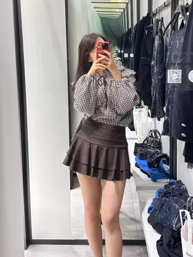 

Шикарная свободная рубашка в клетку с рюшами, женская повседневная многослойная рубашка с длинным рукавом на шнуровке и v-образным вырезом, 2026, новая женская весенне-осенняя шикарная верхняя одежда