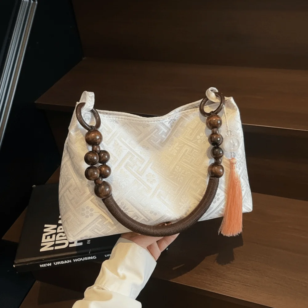 

Versatile Embroidered Shoulder Bag Checkered Flower Embroidery Chinese Style Tassel Handbag ​Medium Capacity​ Bead Design