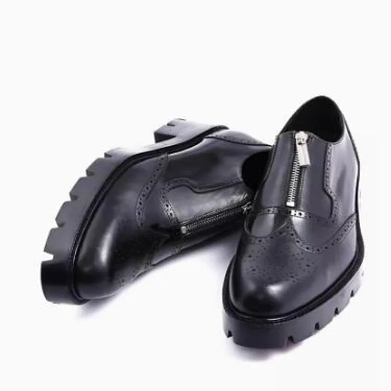 British Style Black Genuine Real Leather Zipper Front Slip On Low Top Shoes Business Man Thick Sole Height Increasing Dress Shoe