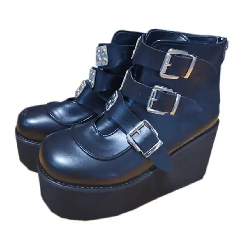 Women Ankle Boots Platform Wedge Super High Heel Metal Heart Laser Female Pumps Ladies Belt Round Toe Lolita Punk Harajuku Shoes