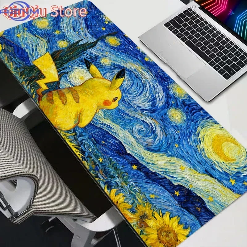 Pikachu Starry Night Sunflower Oil Painting Anime Large Mousepad, Rubber Non Slip Desk Mat for Gaming and Office Desktop Decorat