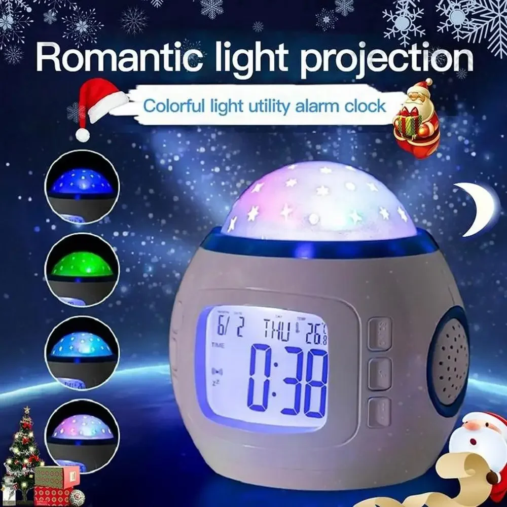 Digital Alarm Clock LED Projector Temperature Thermometer Desk Time Date Display Projection Calendar Night Light Table Clock