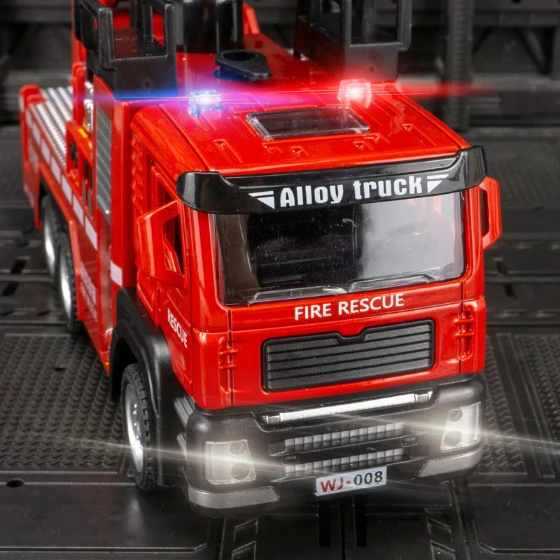 1/50 modelo de brinquedo de carro de motor de incêndio com escada de luz sonora roda de caminhão de bombeiros puxar para trás sprinkler veículo de resgate meninos decoração presentes