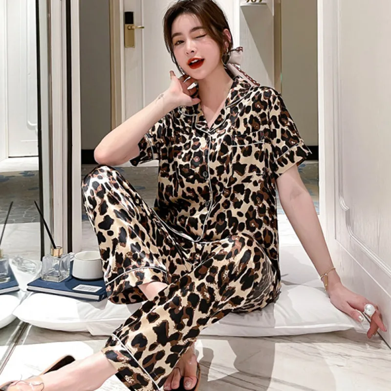 Conjuntos de Pijamas con bolsillo para mujer, ropa de dormir de seda satinada con solapa de leopardo, camisa de manga larga, pantalones, ropa de