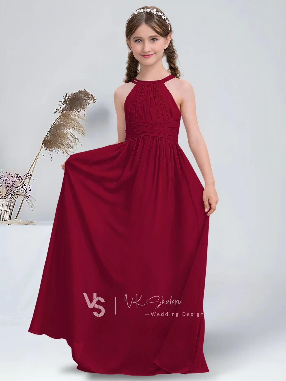 Vestido de dama de honor junior de gasa hasta el suelo con cuello Halter, elegante vestido de niña de flores rosa polvoriento para vestidos de comunión de boda