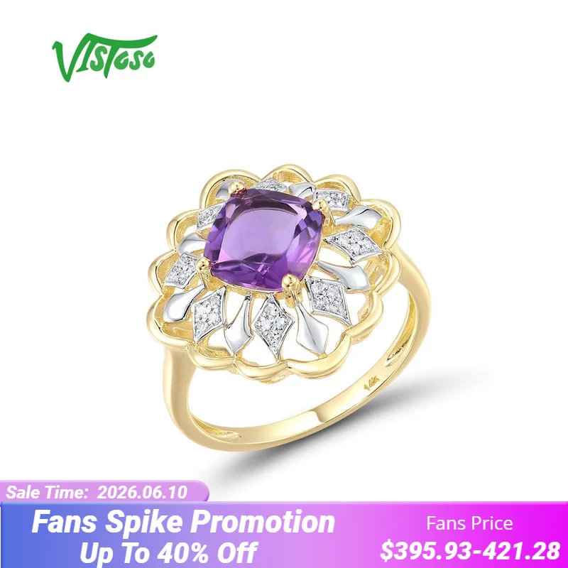 

VISTOSO Genuine 14K 585 Yellow Gold Ring For Women Sparkling Amethyst Diamond Flower Ring Luxury Glamorous Gift Fine Jewelry