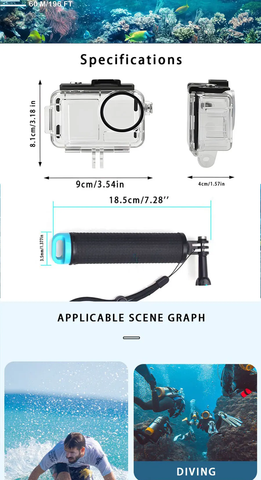 MYOBO Wasserdichtes Gehäuse für DJI Action 5 Pro, Tauchgehäuse für unterwasserische Aufnahmen bis 60 m/196 Fuß, Schutzhülle für DJI Action 5 Pro 4 3 Zubehör – Detail 2