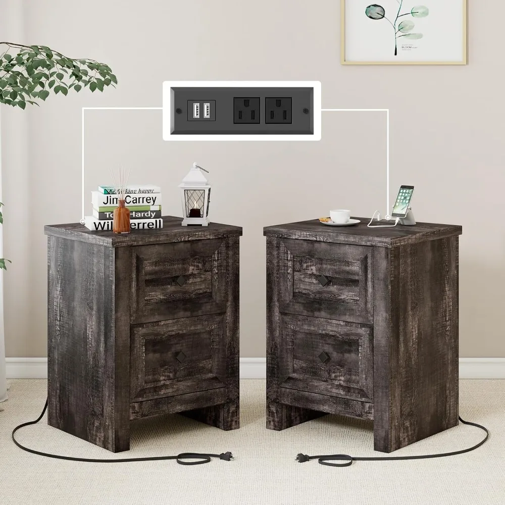 

pair of farmhouse-style nightstands with dual charging ports and storage drawers, rustic wooden side table for sofa