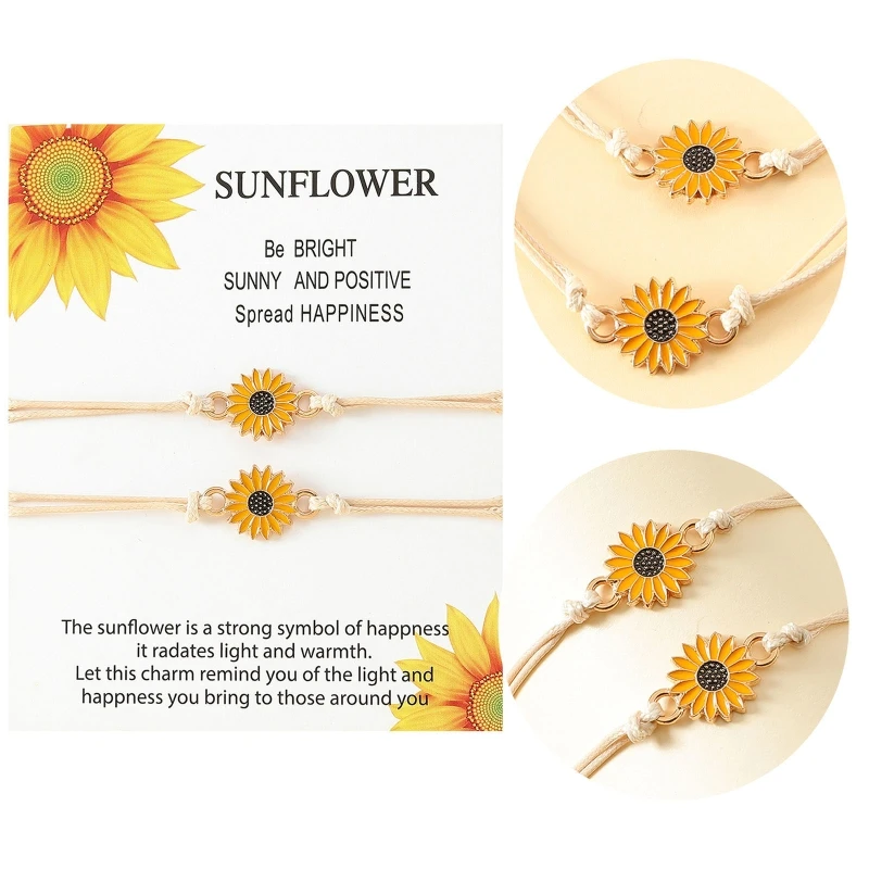 2 Pcs European and American Personality Sunflower Alloy Drip Oil Hand-woven Bracelets Friendship Gift for Sister Couples