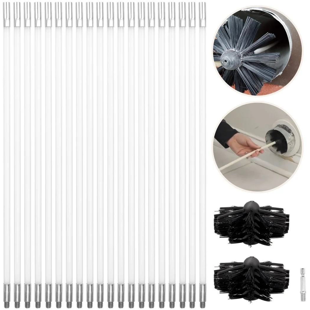 Chimney Cleaning Brush Kit 23Pcs Chimney Sweep Kit Duct Vent Cleaning Tool With 20 Flexible Rods 2 Brush Heads 1 Drill Connector