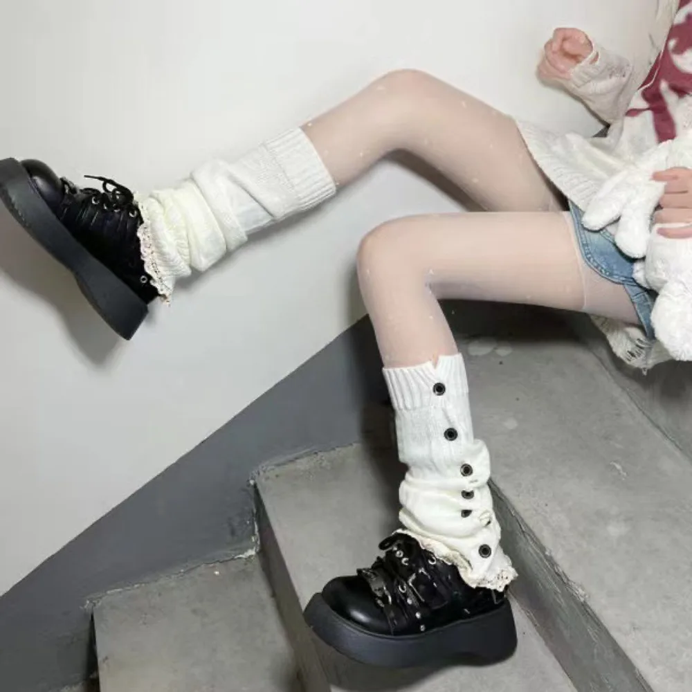 

Creative Gift Fiber Button Design Leg Warmers Harajuku Lolita knitted JK socks Y2K Solid Color Knitting Leg Warmer Socks