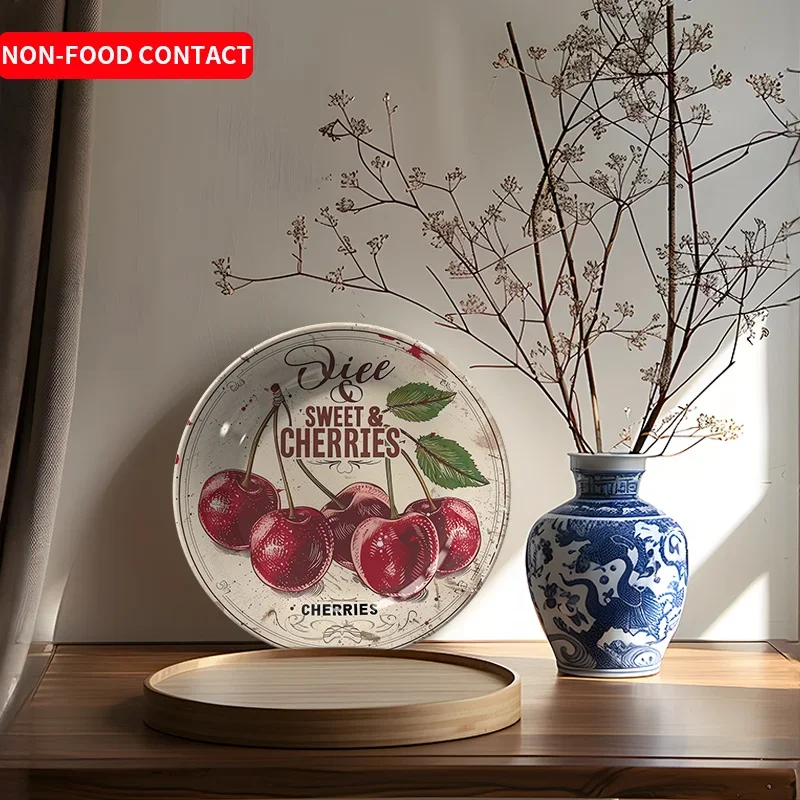 1pc Cherry Pattern Ceramic Decorative Plate - Non-Food Contact, Rustic Vintage Design with Realistic Red Cherries & Green