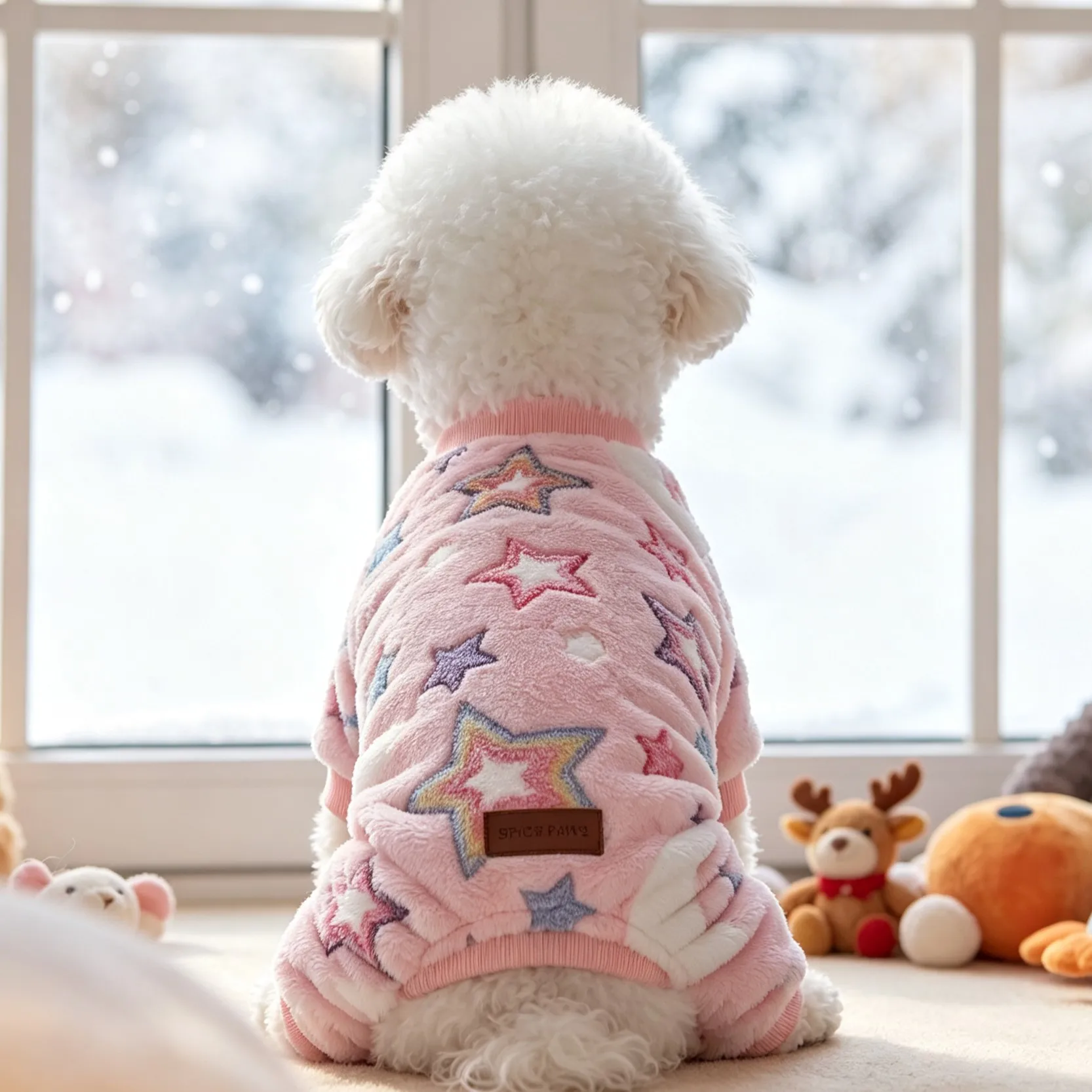 Kleidung für vierbeinige Haustiere, Hunde-Overall-Pyjama, dicke, flauschige Hunde-Kleidung für Herbst und Winter, Hunde-Kleidung mit Regenbogen- und Sternmotiven. – Detail 5