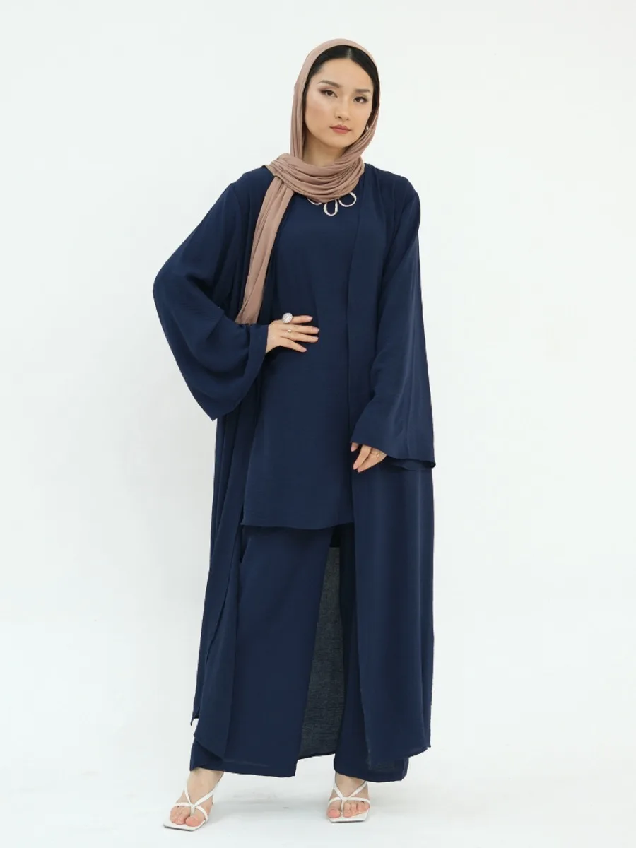 Eid Muslim Three Piece Sets Women Abaya Cardigan Tops Wide Leg Pants Suits Modest Kaftan Ramadan Morocco Abayas Ensembles 2024