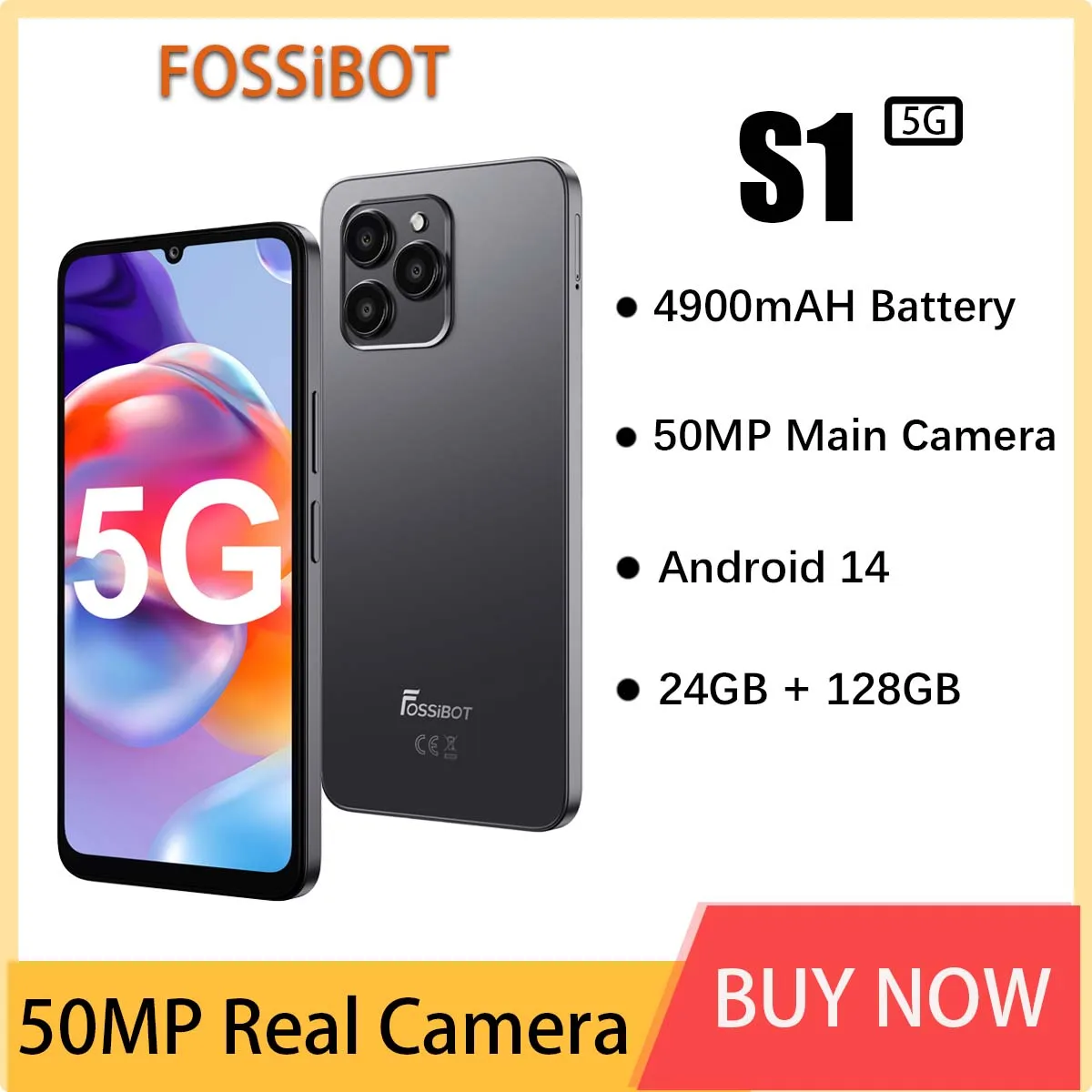 Fossibot S1,5G 휴대폰, 50MP 메인 카메라, 4900mAh 배터리 스마트폰, 24GB RAM(6GB + 18GB), 128GB ROM, 안드로이드 14 NFC 휴대폰