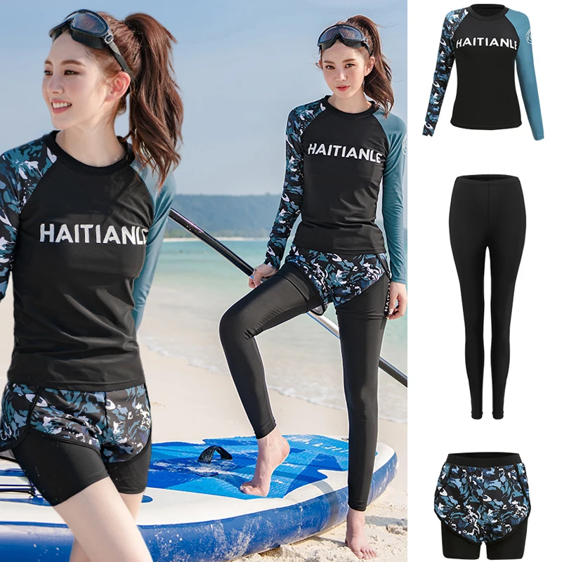 

wisuwore 2023 Rash Guards Women Swimming Suit Long Sleeves Long Pants Surfing Suit Print 3 Pieces Summer Beach Wear