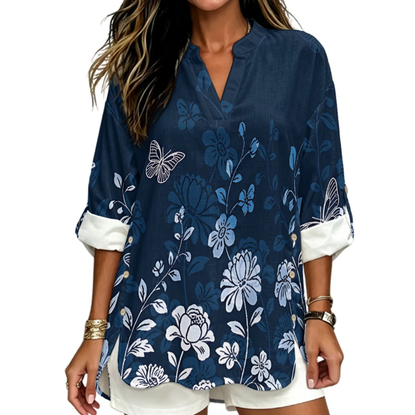PENSTROLL Floral Butterfly Roll Up Long Sleeve Long Sleeve Tops for Resort Gatherings Linen-Like Casual Blouses Sizes S-5XL