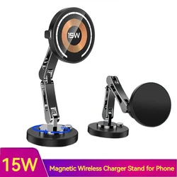 15W Magnetic Car Wireless Charger 360 Rotation 2in1 Aluminum Alloy Foldable Stand For Iphone 14 13 12 11 Pro Max Samsung Xiaomi