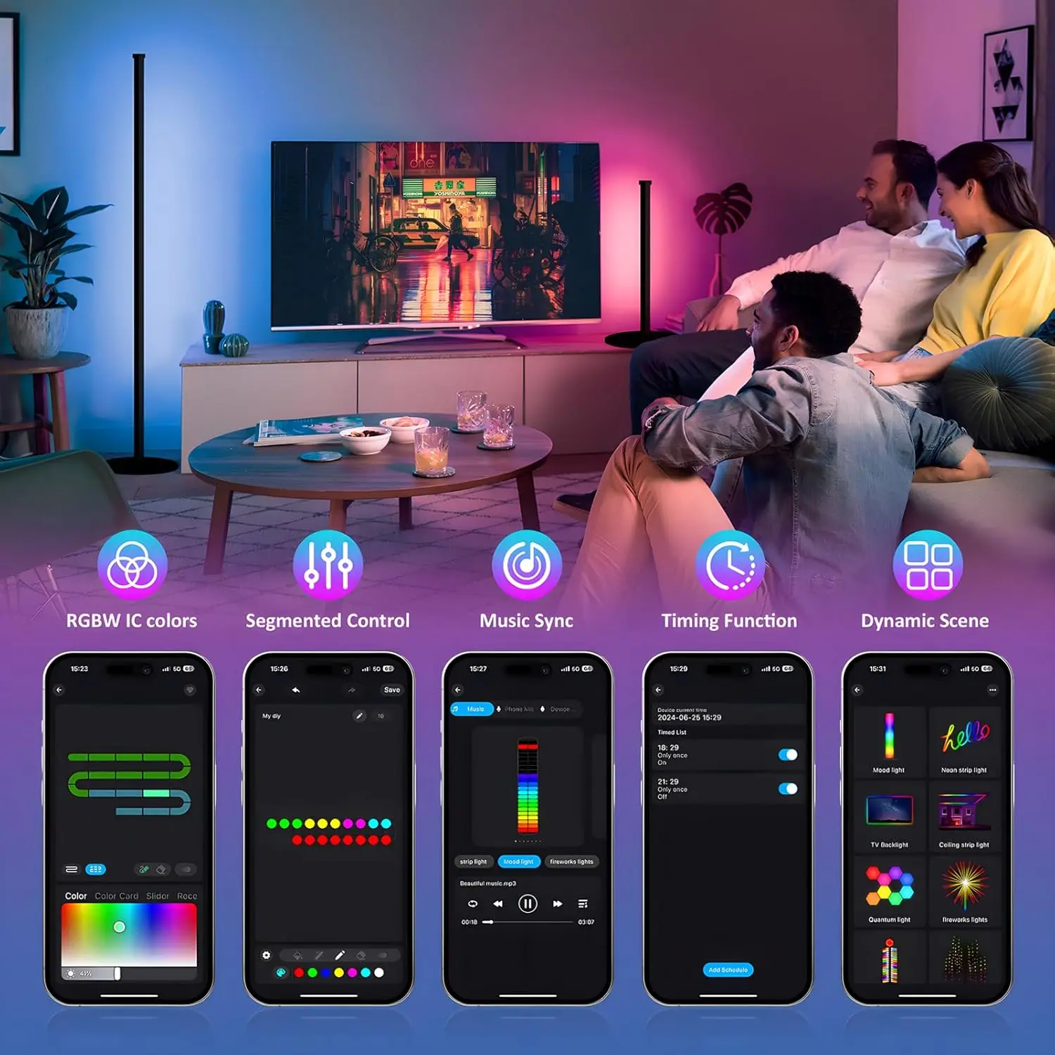 Luminária de Canto em Pacote com 2 Peças, Luz LED de 55 polegadas com Controle Remoto e Sincronização Musical, 16 Cores para Sala de Estar