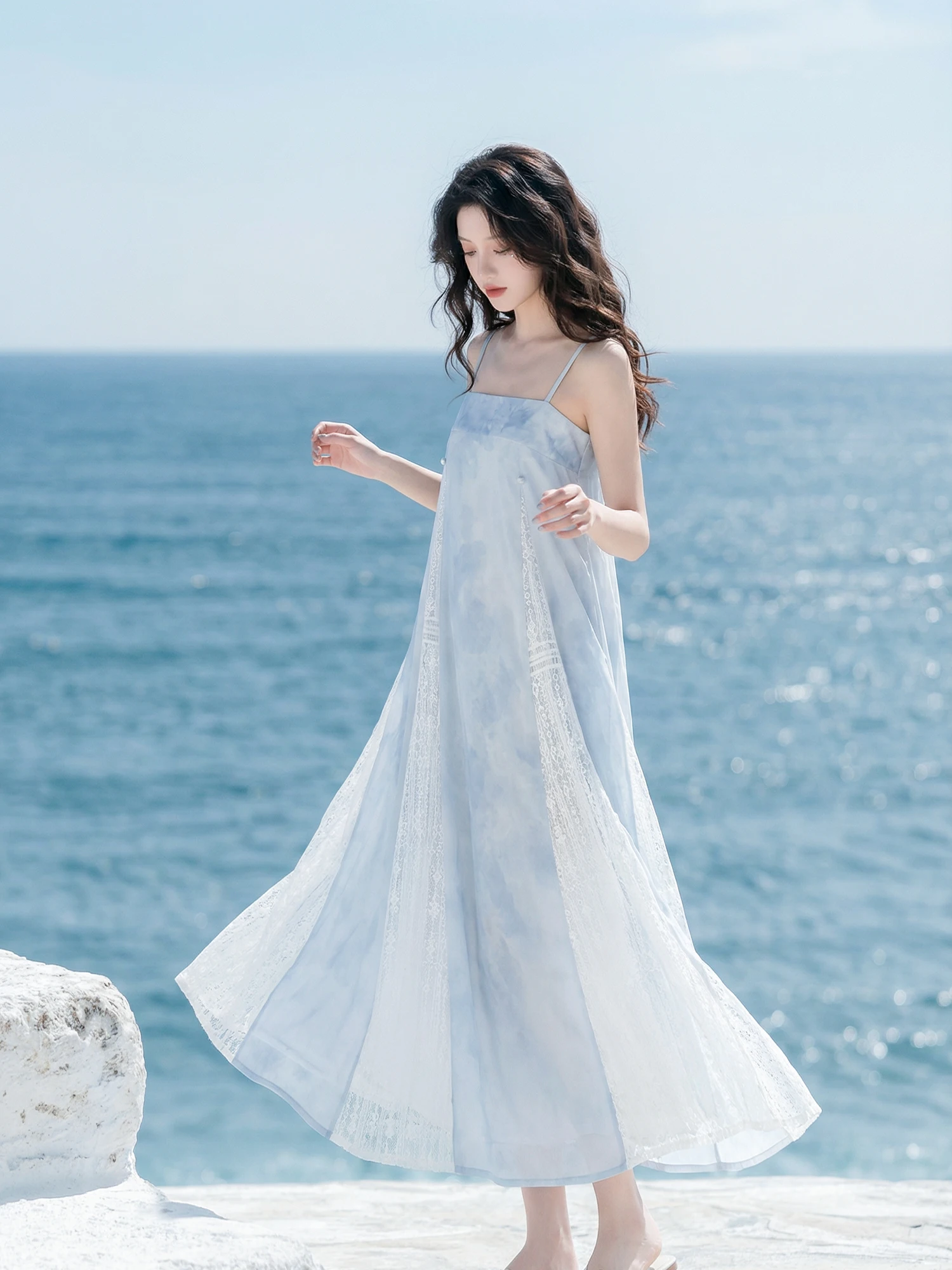 

XiaoLu Water Cloud Rise Zipper to Chest Dr Tee Pleat Skirt ket Blue Summer Commuting to Work New Model Women's Hanfu