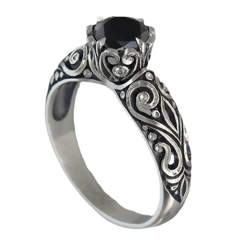 Vintage Black Crystal Flower Lines Pattern Ring For Men Jewelry Adjustable New Arrival S925 Ring Male Index Finger Accessories