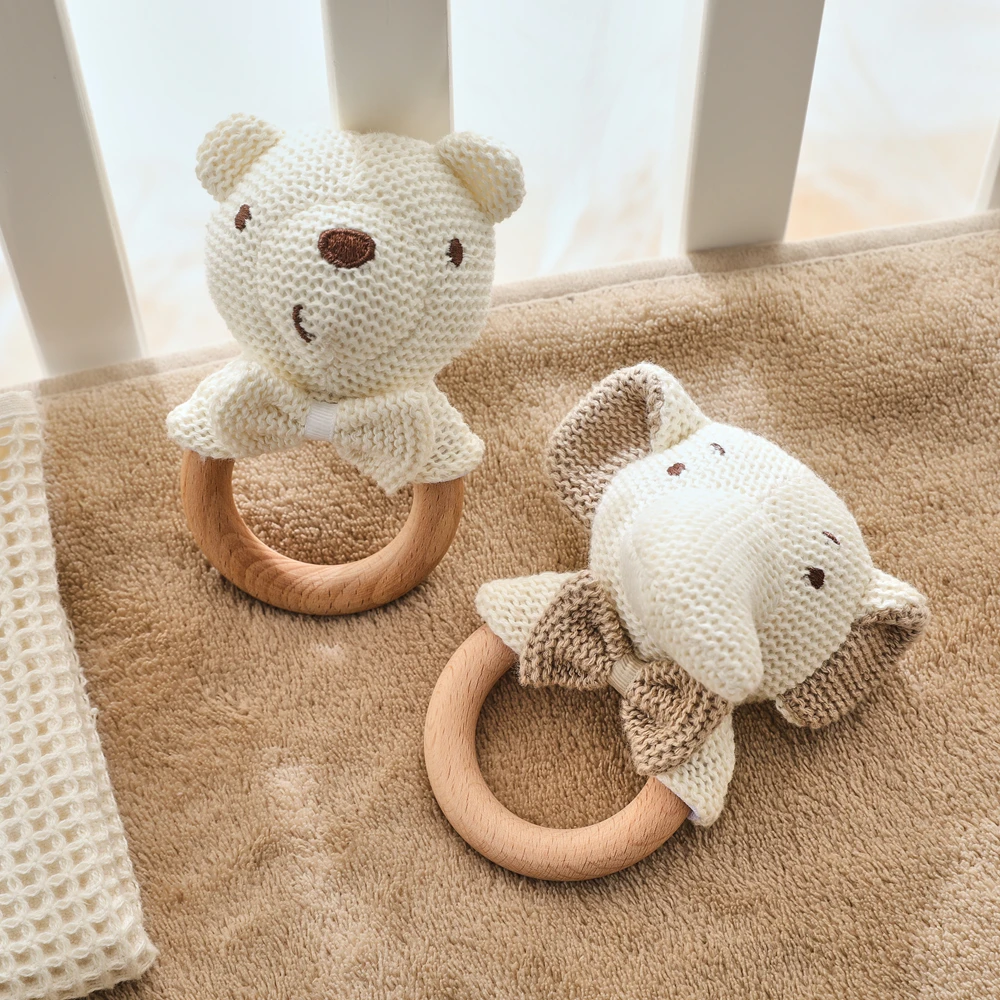 Beige Bow Crochet Animal Rattle Bear and Elephant Handmade Natural Wood Baby Rattle Toys Shake to Sound Easy Grasp Baby Gift