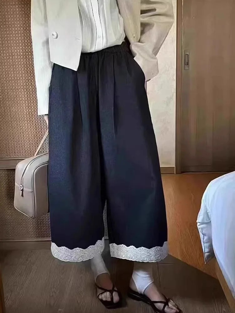 

Loose plus Size Deep Blue Lace Splicing Denim Pants Women Summer New Sle High Waist Wide Leg andmother Pants Slimming Effect