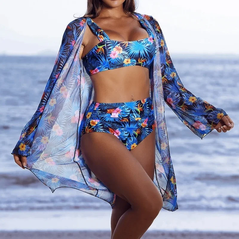 Chic Bathing Suit Woman Bikini Set Elegant Print High Waist Bikini Mesh Cover-Up 2025 New Sexy Casual Swimwear 3 Piece Beachwear