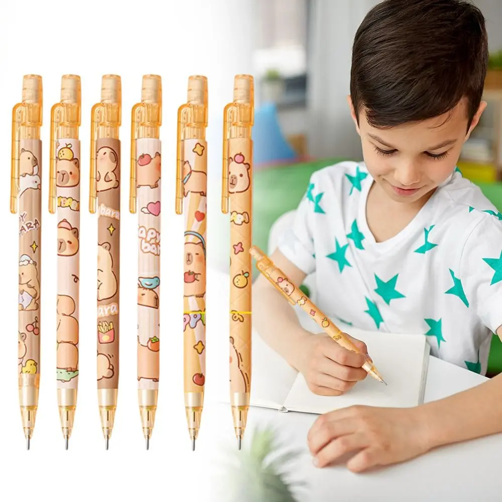 6PCS/Set 0.5MM Cartoon Capybara Automatic Pencil Children's Painting Press Pencil with Eraser Drawing Writing Tool Office