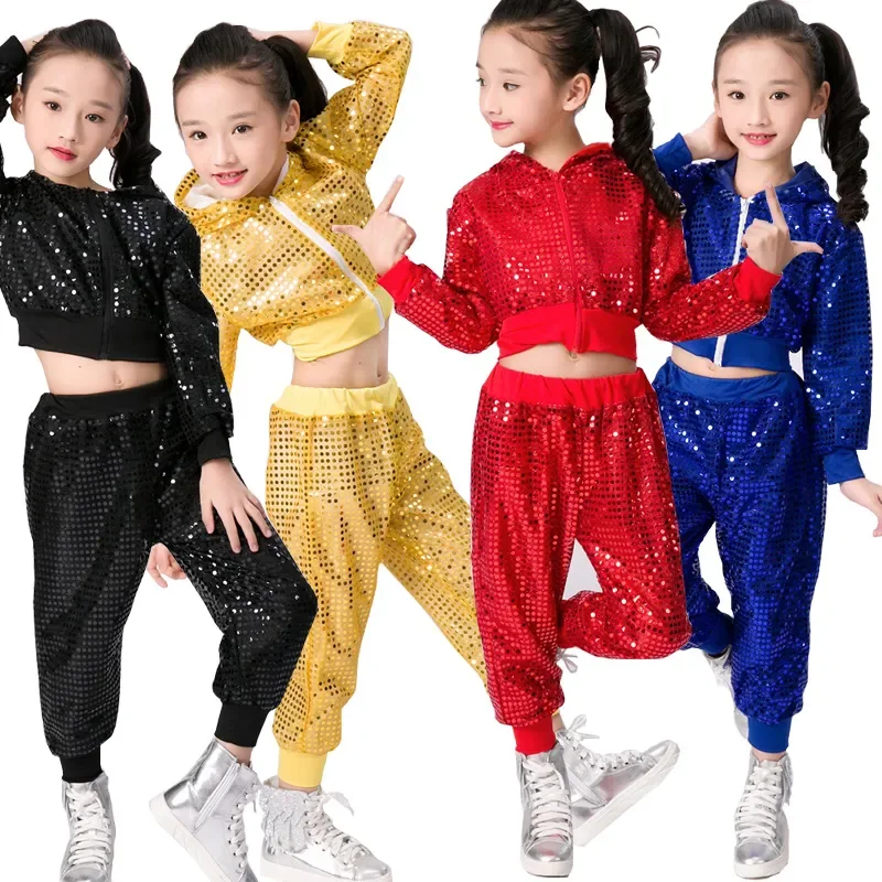 Girls Crop Top And Pant Performance Outfits Clothes Children Sequins Jazz Dance Modern Cheerleading Hip Hop Costume For Kids Boy