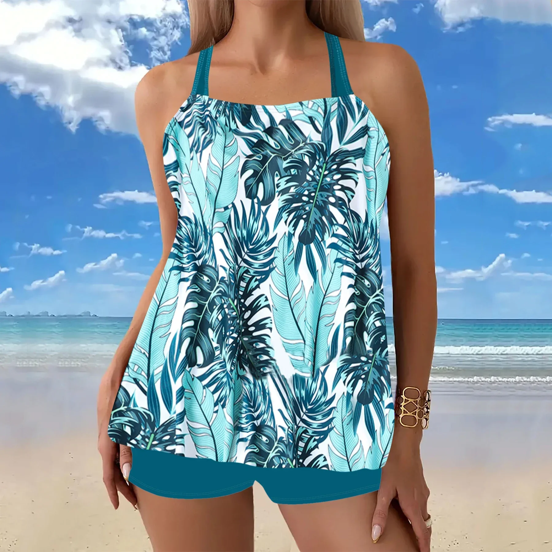 

New High Quality Summer Women's Double Straps Swimsuit Fashion Vacation Palm Leaf Print Tankini Shorts Two-piece Set S-6XL