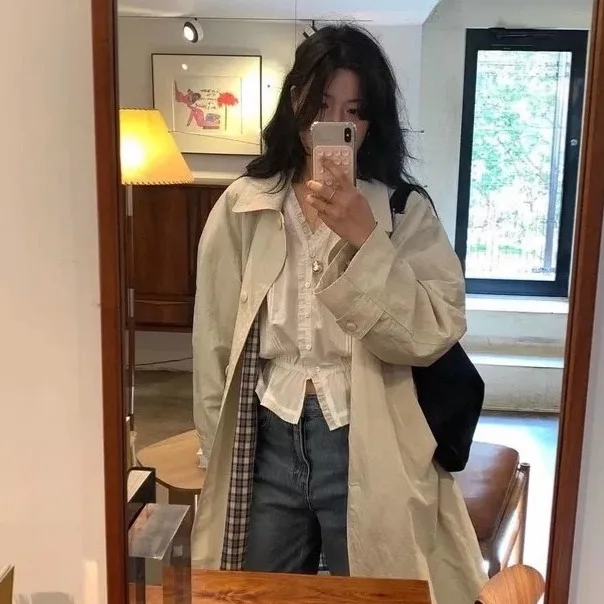 

Loose Long Plaid irt Collar Inner Coat Lazy Sle Mid-Length Autumn Windbreaker Outerwear for Women Commute Pure Color