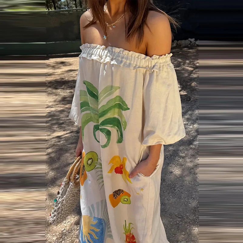 Elegante fora do ombro manga longa bohe vestido moda altura cintura solta plissado vestido longo senhora casual flor impressão vestidos de festa