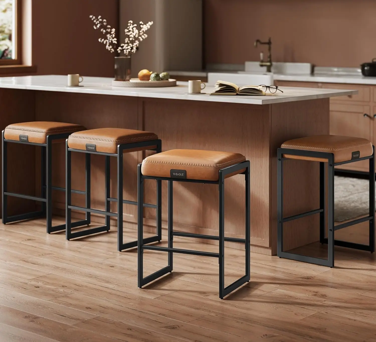 Collection - Bar Stools Set of 4, Counter Height Bar Stools, Synthetic Leather with Stitching, Mid-Century Modern C