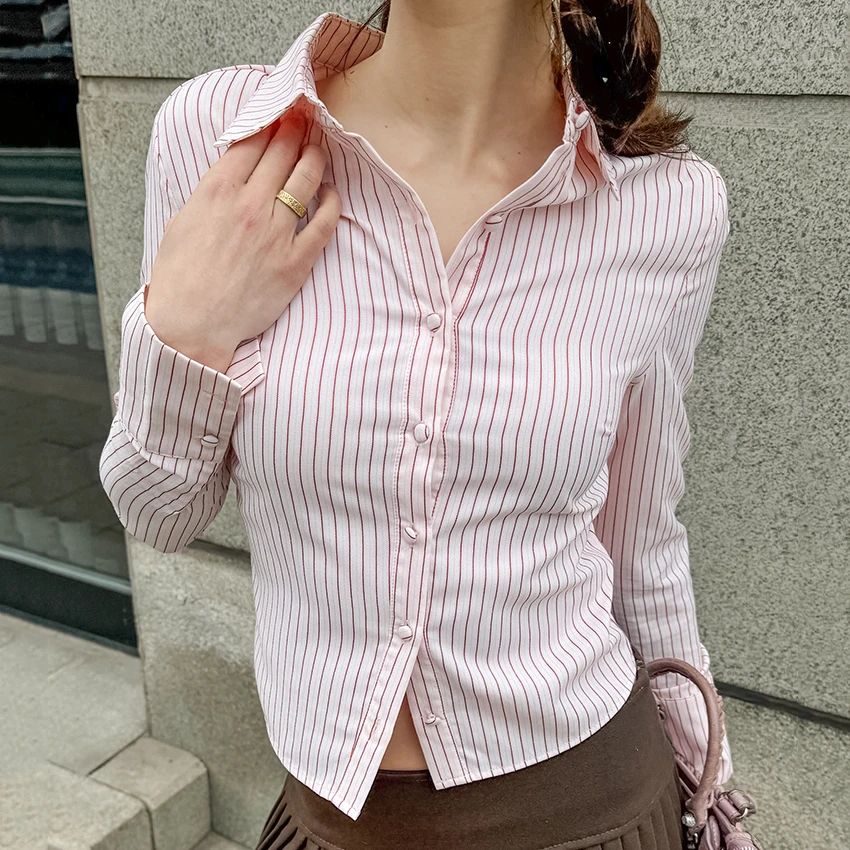 Camisas de solapa a rayas rosas Linad Street Chic para mujer, camisa de oficina ajustada, blusa de manga corta, tops casuales de un solo botón para mujer 2026